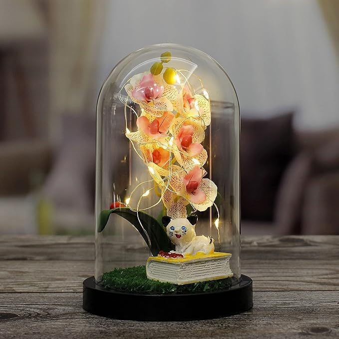 Glasglocke mit Deko – Geschenkartikel mit Orchidee & Katze – Dekoglas für Weihnachten, Muttertag, Valentinstag – Handgefertigte Tischdekoration & Wohnaccessoire