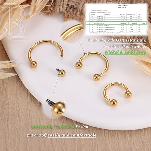 BodyBonita G23 Titanium Horseshoe Septum Rings - 2/3pcs Nose Rings Circular Barbell Spikes Septum Jewelry Nose Piercing Jewelry Conch Helix Rook Lip Cartilage Earring for Women Men Gold/Silver/Black3