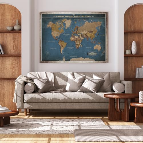 Image of DECORARTS - Oversized World Travel Map with Pins, Pin Board Canvas Wall Art, Extra Large Navy Blue Maps for Wall, Giclee Print, Handcrafted in USA, 40x30''