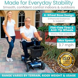 Vive 4 Wheel Mobility Scooter - Electric Powered Wheelchair Device - Compact Heavy Duty Mobile for Travel, Adults, Elderly - Long Range Power Extended Battery with Charger & Basket