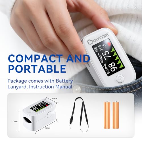 Image of Berrcom Fingertip Pulse Oximeter with LED Display & Multi-Parameter Tracking (SpO2, PR, PI), Fast & Accurate Blood Oxygen Monitor, Includes Batteries & Lanyard (White)