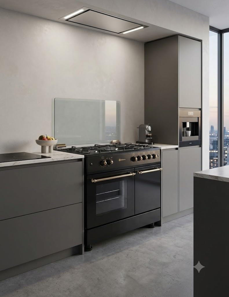 PACK COCINA A GAS F9LT50G2 PORTABOMBONA NEGRA RÚSTICA + CAMPANA DECORATIVA NEGRA RÚSTICA/ANCHO 90 CM/FUEGOS CON ENCENDIDO AUTOMATICO/HORNO 64 L.