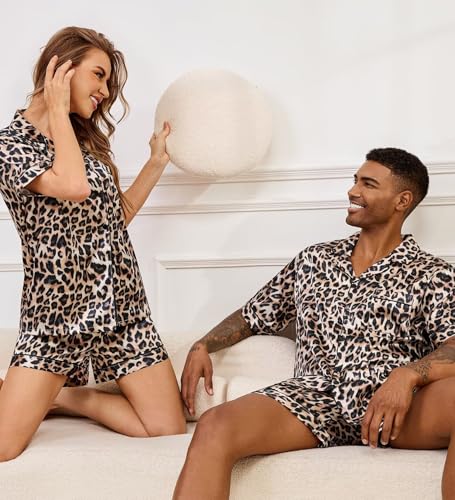 Image of SWOMOG Satin Matching Pajamas Sets Couple Silk Button Down Nightwear Women & Men Short Sleeve Sleepwear 2 Pieces Loungewear