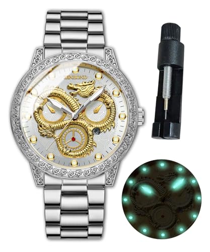 Gold Dragon Watches for Men Stainless Steel Luxury Dress Business Big Face Dial Date Men's Wrist Watch Gift Waterproof Luminous