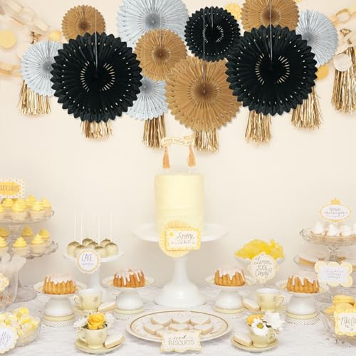 Image of 18 Pcs Black Gary Gold Hanging Paper Fan, Hanging Honeycomb Round Paper Fans for Weddings, Birthdays, Christmas, Baby Showers, Classroom, Events Ceiling Party Supplies Decorations