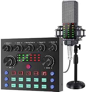 APEUNWOM Condenser Microphone Bundle, Podcast Kit with Streaming Microphone V8 Sound Card, Audio Interface with DJ Mixer for Streaming/Podcasting/Recording, Suitable for PC/Laptop/Phone/Pad