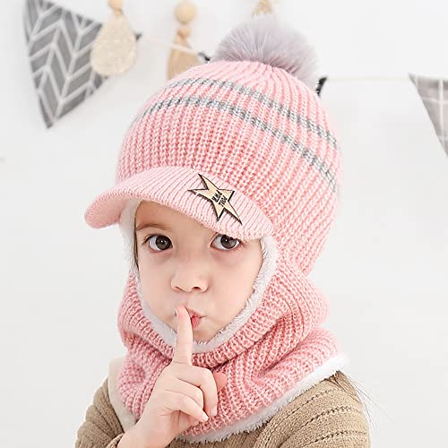 Kids Boys Girls Winter Hat Scarf Set Warm Knitted Hood Scarf Beanie Hat Pink2