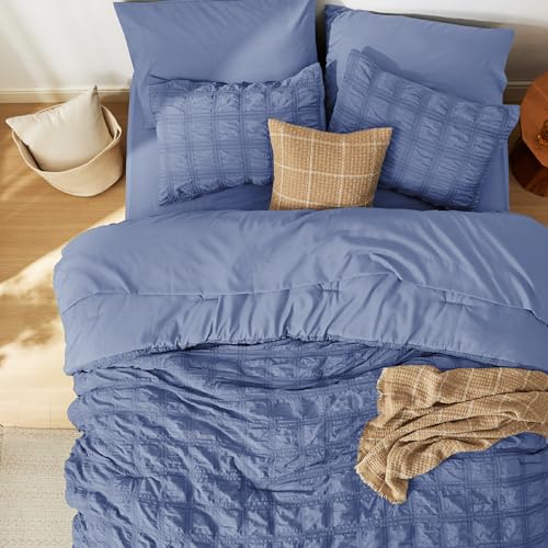 Image of Bedsure Blue Comforter Seersucker Full Bed in a Bag 7Pcs Soft Lightweight