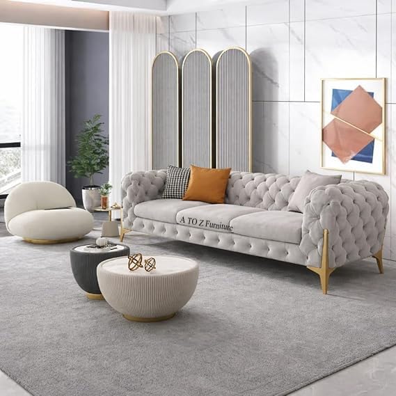 Image of A to Z Furniture Modern Classic Fabric & Valvet Tufted Chesterfield Sofa Living Room and Office (3+1= 4 Seater Sofa Set with Footrest Grey)