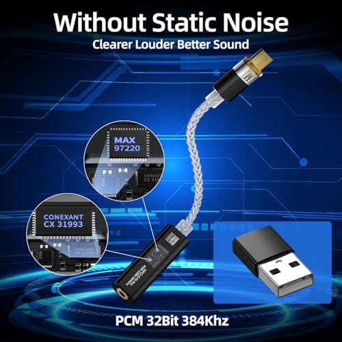 Image of USB C to 3.5mm DAC Headphone Adapter with Dual Chip CX31993 & MAX97220, Portable Decoding Amp Hi-Res 32bit /384KHz Audio Dongle with Silver-Plated OCC Cable for iPhone, Android, Mac, IEMs Earphones