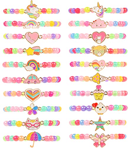 TAOMOCO 20 Pcs Colorful Unicorn Bracelet Girls Rainbow Unicorn Heart Beaded Bracelet Stretchy Costume Jewelry Set Party Favors Gifts Friendship Bracelets for Kids Little Girls (Bead Style)