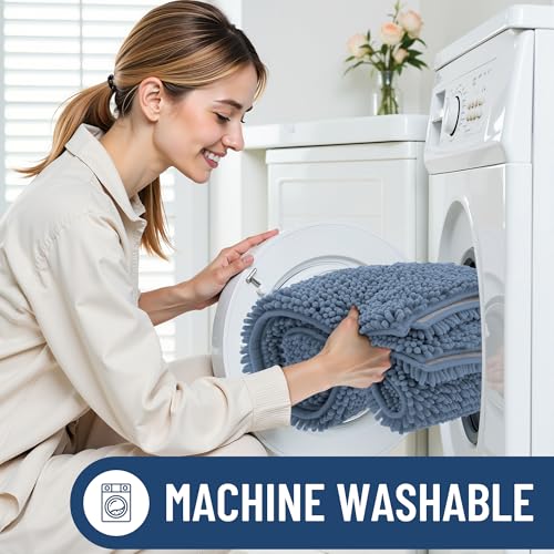 Smiry Luxury Chenille Bathroom Rugs 24x16, Extra Soft and Absorbent Shaggy Bath Mat, Machine Washable, Non-Slip Plush Carpet Runner for Tub, Shower, and Floor, Home Decor Accessories, Grayish Blue