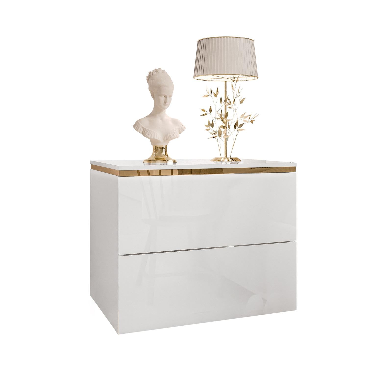 Lookway Nachttisch Aurora II Weiß Hochglanz mit LED Beleuchtung Hängend oder auf Goldenen Beinen Gold Dekorative Leiste Modernes Schlafzimmermöbel (Hängend)