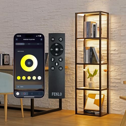FENLO LED Display Shelf with Lights – Curio Cabinet for Collectibles with Dimmable Lighting, App & Remote Control – 66” Glass Shelf Floor Lamp with Adjustable Color Temps Fantasy Plus Pro
