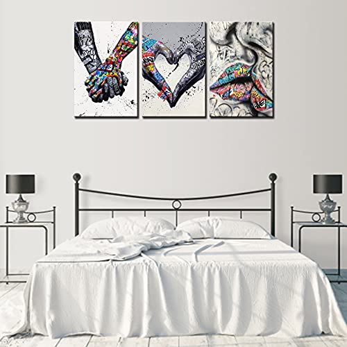 Norse Art Classic Street Art Banksy Graffiti Paintings Promise Holding Hands Wall Art Adam Hand Of God Pop Pictures 3 Pieces Canvas Artwork T Hd Prints Framed Giclee Ready To Hang Gift(48''Wx 24''H) #TOP3