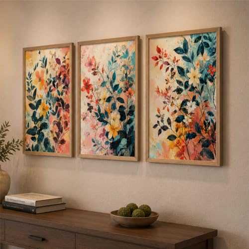 Image of Livin'luxe Set of 3 Abstract Floral Wall Paintings for Living Room Bedroom Hallway Home Decor with Premium Wooden Color Synthetic Frame (13.5 x 19.5 Inch) NM03-60