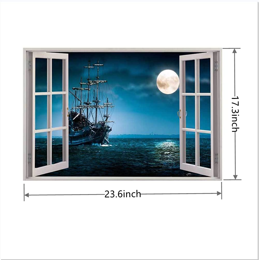 THNWSY Ocean Scenery Fake Window Wall Sticker - Removable Peel & Stick Mural For Living Room, Bedroom, Moon Beach Design 6 thumbnail image