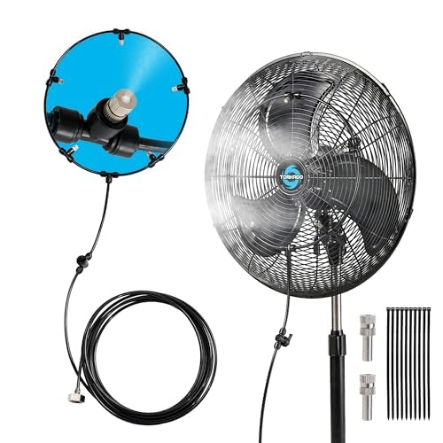 Image of Tornado 20 Inch Outdoor Misting Pedestal Fan, 5250 CFM Oscillating Water-Resistant Fan with 7-Nozzle Misting Kit, 19.69 FT Hose & Brass Adapter for Patio, Garden, Backyard Cooling