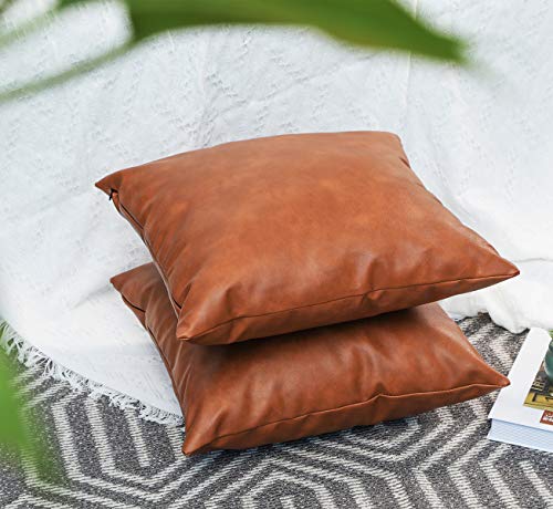 Seeksee Brown Faux Leather Accent Throw Pillow Cover 18X18 Inch, 2-Pack Modern Country Farmhouse Style Pillowcase For Bedroom Living Room Sofa #TOP3