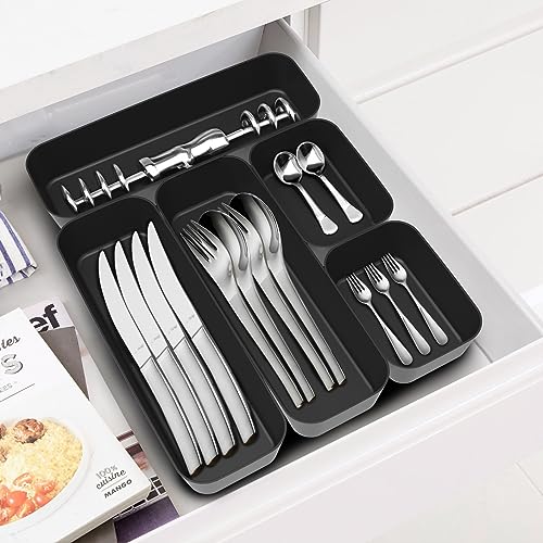 Schubladen Organizer Box Organizer Schubladen Ordnungssystem 16 Stk Küche Badezimmer Kosmetik Gewürz Aufbewahrung Organisation Drawer Kunststoff Büro Schreibtisch Trenner mit Silikonmatten (Schwarz)