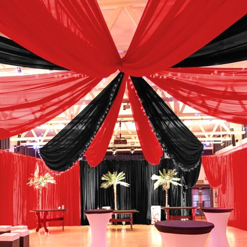Showgeous 6 Panels Red Ceiling Drapes for Wedding Ceiling Drapes 5ftx30ft Wedding Arch Draping Fabric Sheer Curtains Voile Chiffon Drapery Draping Wedding Ceiling Decorations for Party Ceremony Stage