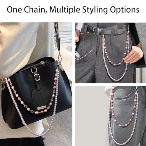 Image of Y2K Pearl Pants Chain Streetwear Jewelry- Unisex Layered Wallet Chain with Heart Cross Pendant, Punk Aesthetic Jeans Keychain Accessory for Men Women