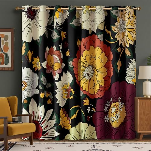NICETOWN Black Boho Floral Curtains 100% Blackout for Living Room Bedroom 84 Inches Long 2 Panels Fall Botanical Drapes Grommet Thermal Insulated Vintage Flower Pattern Printed Window Treatment, 52