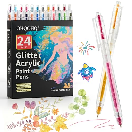 OHQOHQ Glitter Gel Pens 24 Colors Glitter Pens Set Retractable Sparkle Gel Ink Pens for Coloring Books Journaling Drawing Scrapbooking & DIY Crafts Smooth Writing Art Pens for Creative Work
