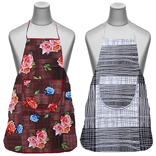 Image of Kuber Industries Apron|PVC Unique Rose & Check Print Kitchen Chef Cloth|Waterproof Centre Pocket Apron With Tying Cord for Men & Women,Pack of 2 (Maroon & Gray)