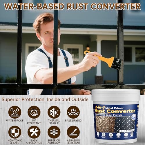 Image of Rust Converter & Metal Primer, 2-in-1 Black Rust Remover Paint Water-Based Metal Preventive Coating Heat Resistant UV Stable for Automotive, Industrial, Indoor Outdoor Use, Trailers, Fences, 35oz
