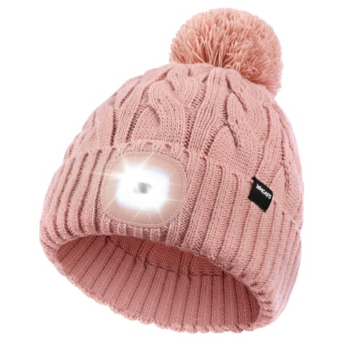 Wmcaps Mütze mit LED Licht Damen, Wiederaufladbare Type-C Strickmütze Bommelmütze mit 4 LED-Lichtern, Pudelmütze Leuchtmütze mit Lampe, Geschenkte Geschenk für Männer...