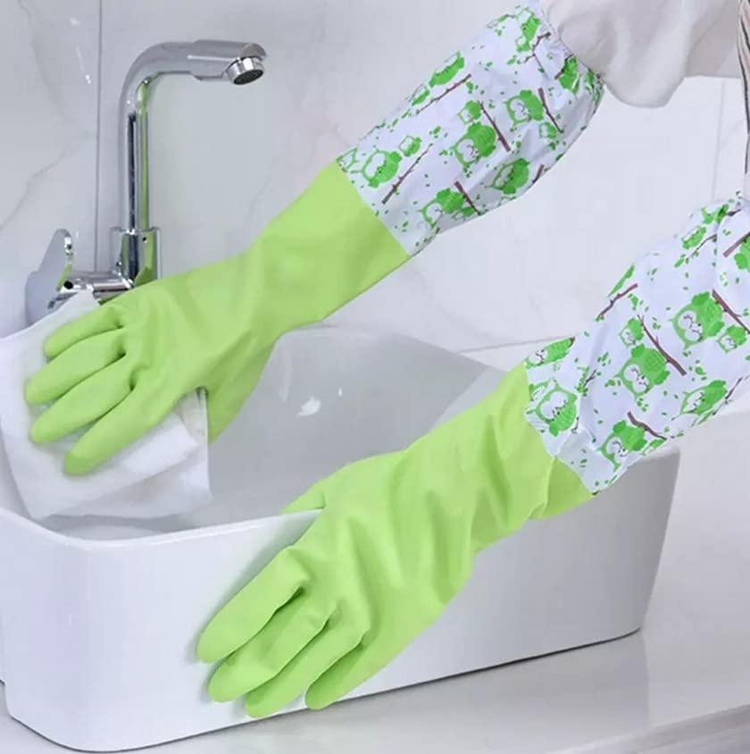 Image of Reusable Long Elbow Dish Washing Hand Gloves,Safety Kitchen for Dish-Washing, Cleaning, Gardening, Laundry multipupose usable Gloves(Green) Po-1-JE