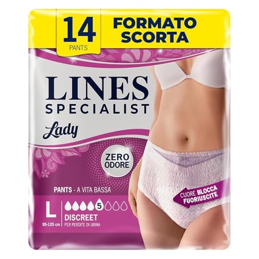 Lines Specialist Lady Pants Discreet, Mutande Assorbenti per Incontinenza Donna, Vita Bassa, Femminili e Discreti, Zero Odore e Barriere Laterali Protettive, Taglia L, 2 Confezioni da 7 Unità