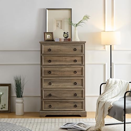 CQSXDA Modern Farmhouse 6 Drawer Dresser Chests, Dressers for Bedroom, Wood Rustic Tall Chest of Drawers Closet Organizer & Storage Clothes for Living Room, Hallway, Gray Wash