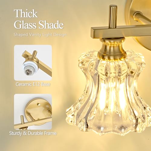 Image of Gold Bathroom Light Fixture 3-Lights Vintage Vanity Lights | Easy Installation,Elegant Clear Glass Shades,Wall Mount Up or Down