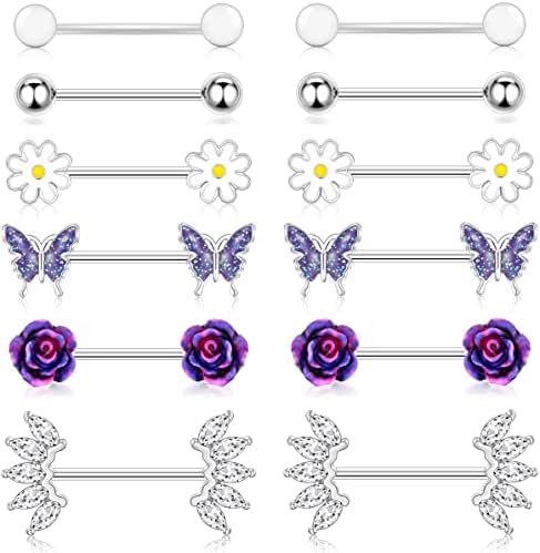 Shakalaka Surgical Steel Nipple Rings Body Piercing Jewelry for Women with Cute Daisy Flower Butterfly Ball Purple 14G