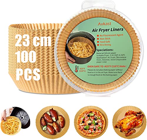 USMEI Papier Sulfurisé Rond pour Friteuse à Air 23 cm XXL, 100 Pièces Papier de Cuisson Air Fryer Jetable,Feuilles de Papier de Cuisson Étanche Antiadhésive Paper Liner pour 5,5-10 l Air Fryer Cover