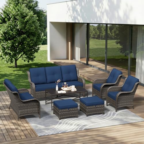 Image of 7 Piece Outdoor Wicker Patio Furniture Set, Patio Chairs Set with Thickened Olefin Cushions, High Back and Deep Seating, Hand-Woven PE Rattan, Ottoman for Porch, Deck