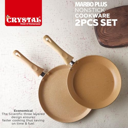 Image of Crystal Marbo Plus Induction Bottom 2 Pc Nonstick cookware Set | Tawa 250 mm + Fry Pan 225 mm | Thickness: 3mm | 5 Layer Coating | Metal Spoon Friendly | Colour - Sandalwood