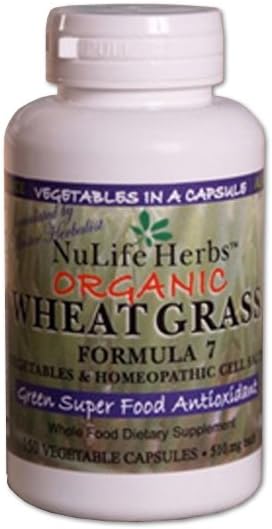 Nulife Herbs Organic Wheat Grass Super Green Formula 7, 150 Vegetable Capsules, 510 Mg Each