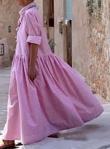 Image of chouyatou Women's Retro Plaid Button Down Maxi Shirt Dress Long Sleeve Button Up Gingham Swing Long Dress