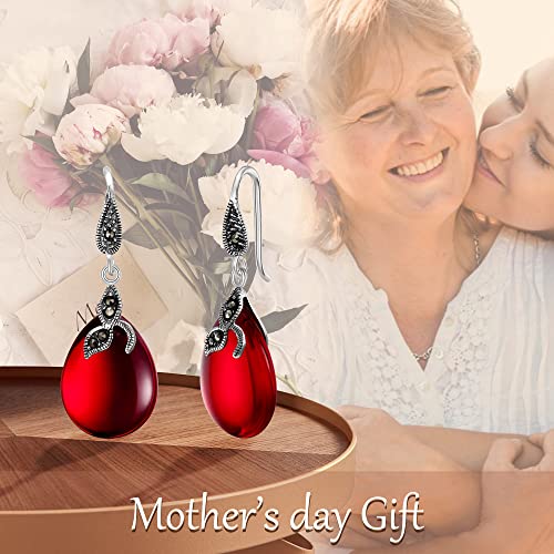 Ever Faith 925 Sterling Silver Red Created Chalcedony Crystal Retro Black Leaf Teardrop Hook Earrings Birthday/Mothers Day/Valentines Day/Christmas Jewelry Gift For Women #TOP1