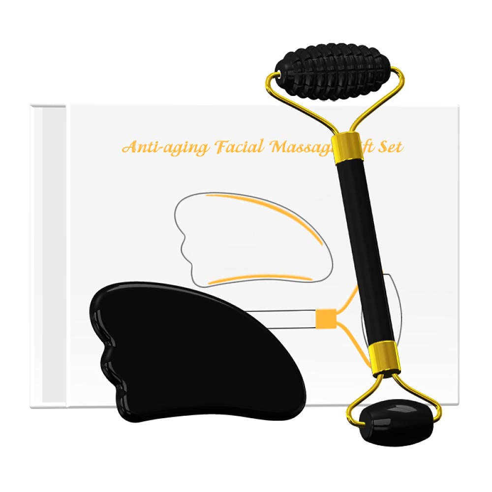 Obsidian Massage Rouleau Naturel Stone Gouache Grattoir Massager du visage Guasha Board Visage Face Rouleau de massage-2 en 1 avec la boîte-a
