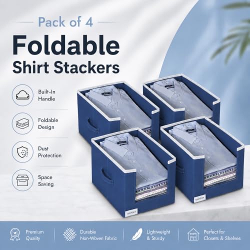Image of VERVENIX Shirt Stacker Set of 4, Non Woven Foldable Clothes Storage Organizer with Handle, Wardrobe Closet Organizer, Space Saving Cloth Organizer for T-Shirts, Shirts, Jeans, Blue