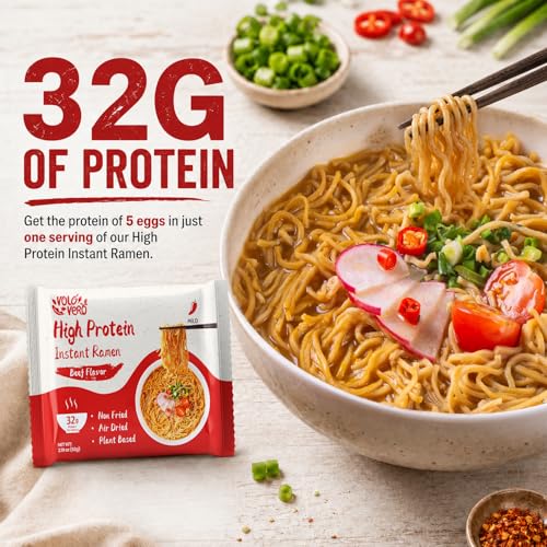 Image of VOLO VERO Protein Ramen Instant Noodles Soup inchSpicy inch Beef Flavor, 32g High Plant-Based Protein, 8 Packs, Non-Fried, Vegan, Low Fat, Non-GMO, Egg & Dairy Free, Healthy Asian Meal