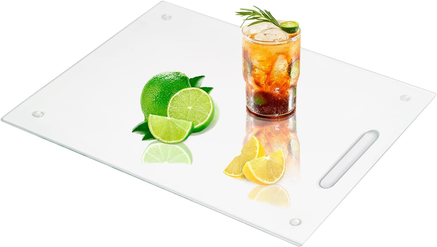 Tempered Glass Cutting Board for Kitchen Countertop, 16"x 12" Clear Glass Cutting Board with Handle, Glass Board with Non Anti-Slip Feet, Scratch Resistant, Heat and Shatter Resistan
