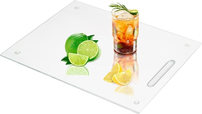Tempered Glass Cutting Board for Kitchen, 16"x 12" Glass Cutting Board with Handle, Clear Glass Chopping Board with Non Anti-Slip Feet, Scratch Resistant, Heat and Shatter Resistan