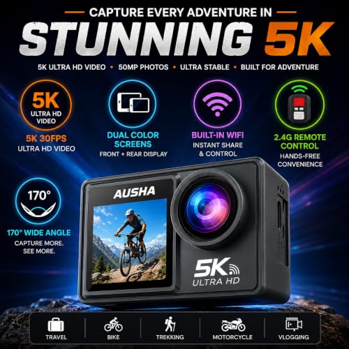Image of AUSHA 5K Action Camera | 5K Ultra HD Videos, 50MP Photos, Dual Color Screen, WiFi, 30M Waterproof Case, Remote Control, 170 Wide Angle Sports Camera for Bike, Travel & Vlogging