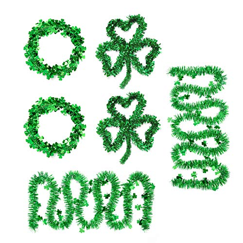 6 Pack St. Patrickâ€™s Day Green Tinsel Garland- 2pcs 14\" Shamrock Wreath+ 2pcs Expandable Wire Garland+ 2pcs 9ft Green Tinsel Metallic Streamers Set Party Favors for Irish St Patrick Home Wall Decors