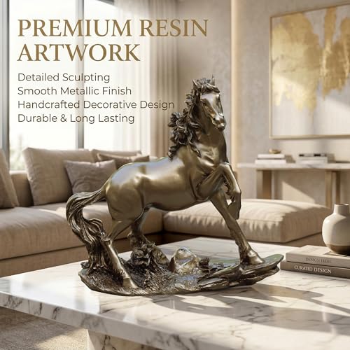 Golden Horse Showpiece Statue for Home Decor 9 Inch Resin Horse Figurine | Vastu Feng Shui Horse Statue for Office Desk Living Room Career Wealth Prosperity Gift — photo — 2 of 9